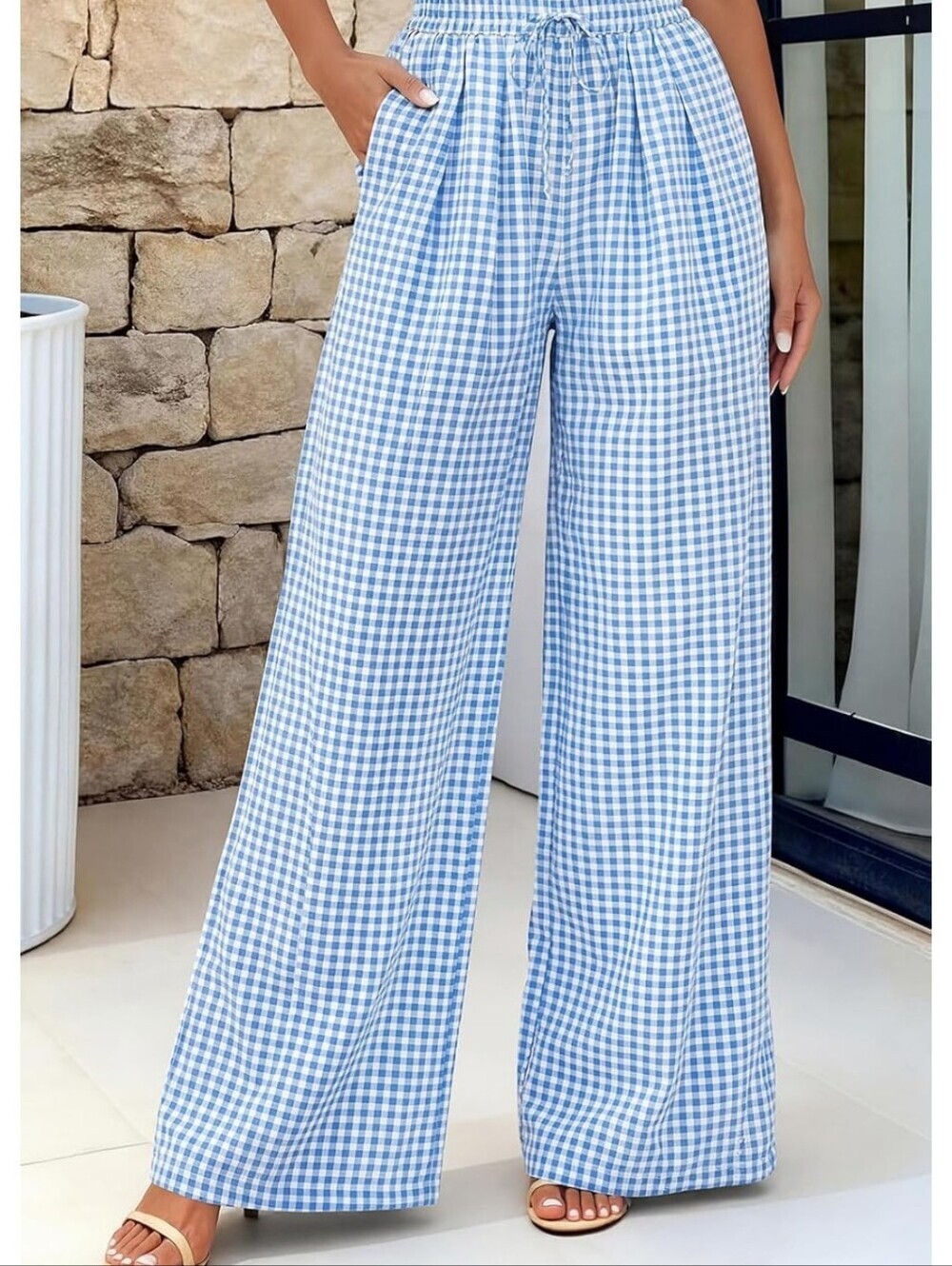Blue Gingham Wide-Leg Pants - Casual Pull-On - Picture 2 of 6